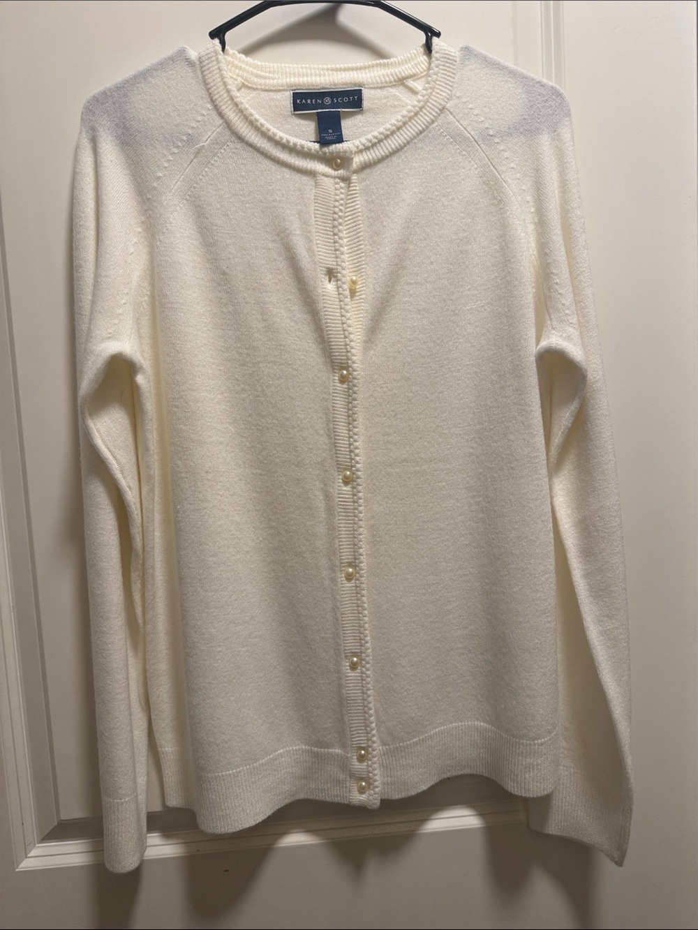 Karen Scott Ivory Pearl-Button Crewneck Cardigan Woman S